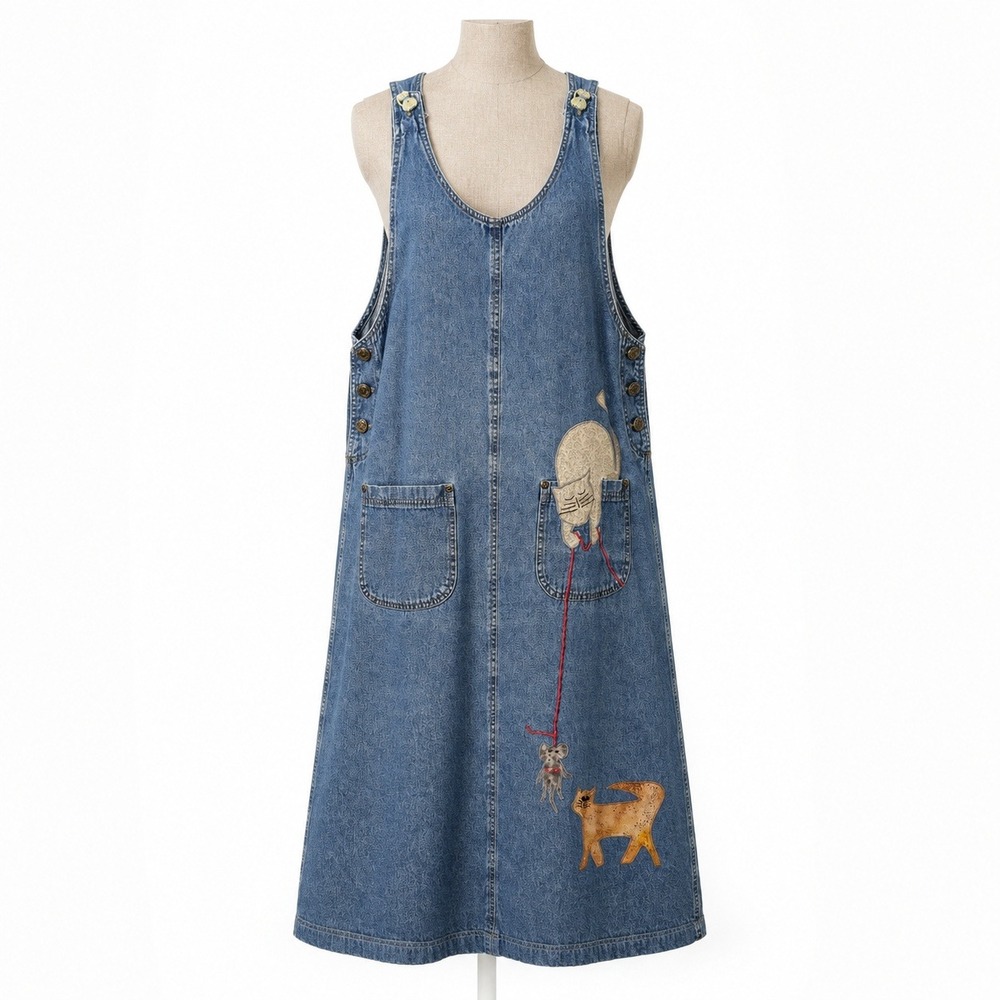 Vintage 90s Cat Embroidered Denim Maxi Dress Sz L Blue Jean Cottagecore Teacher
